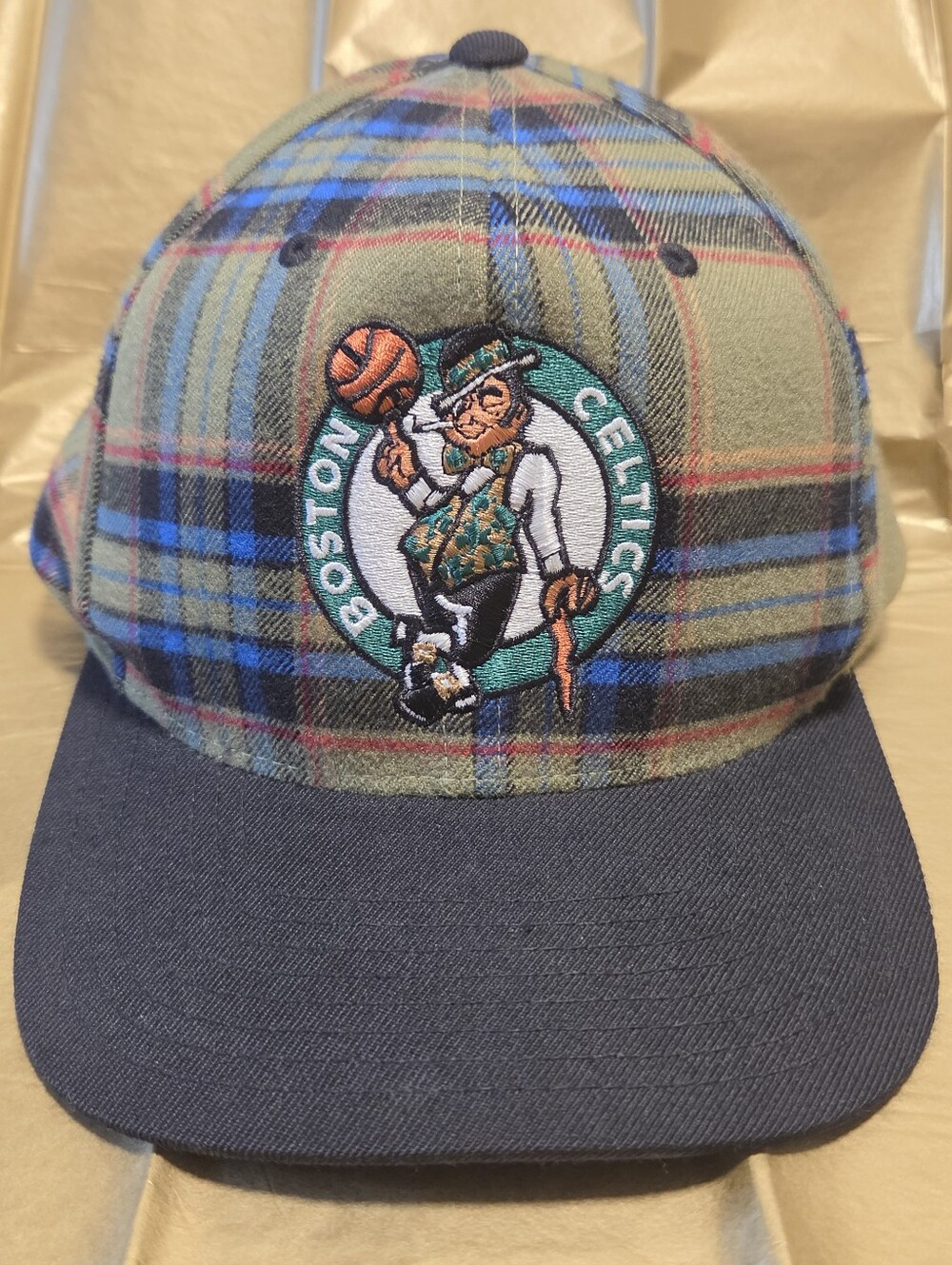 Mitchell & Ness Boston Celtics Plaid Snapback Hat Wide Flat Brim Square Crown